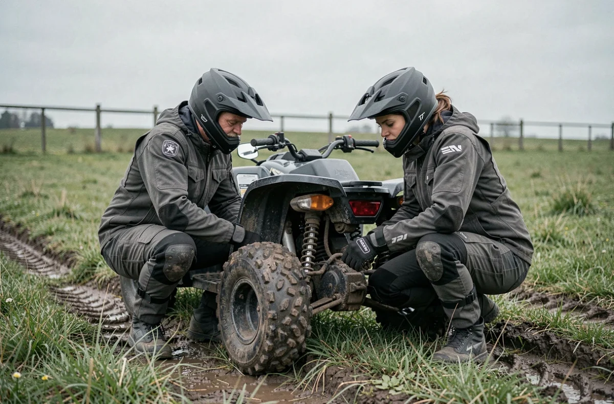 Deux adultes débutants inspectant ensemble un quad électrique avant une sortie off-road en toute sécurité