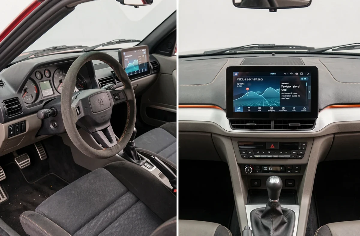 Comparaison intérieure entre le cockpit analogique d'une Peugeot 205 GTI vintage et le tableau de bord numérique d'une hatchback électrique sportive moderne