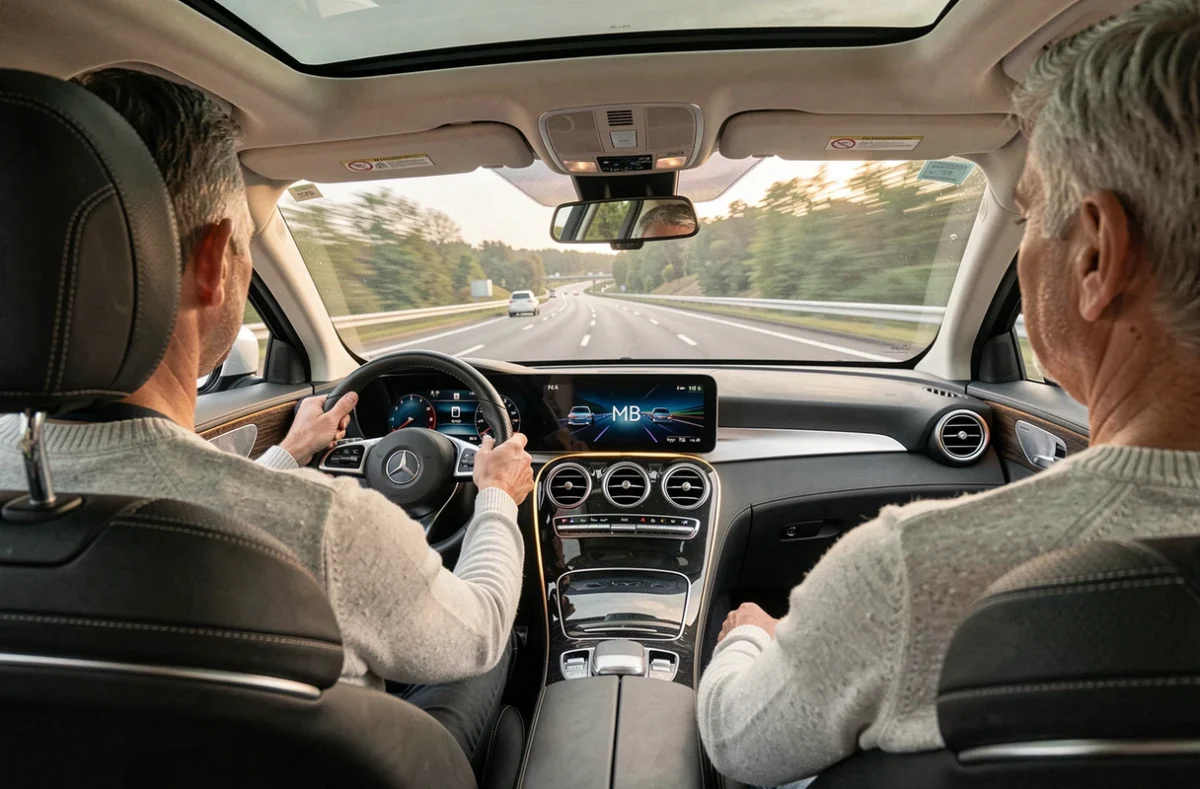Intérieur du Mercedes GLC Coupé depuis le siège arrière, tableau de bord MBUX et toit panoramique avec autoroute visible au travers du pare-brise