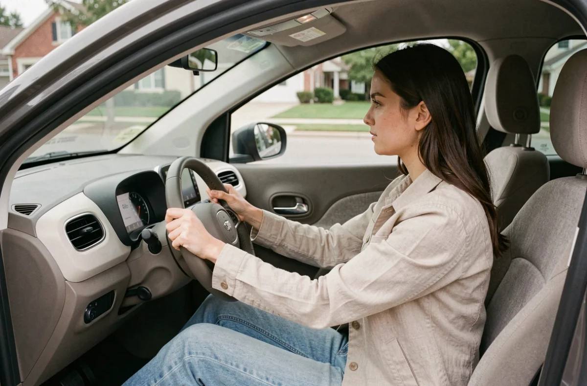 Jeune femme au volant d'une voiture sans permis électrique Renault avec tableau de bord minimaliste visible