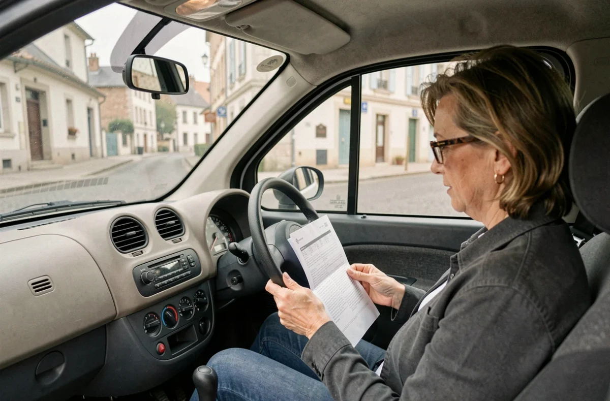 Femme examinant l'intérieur d'une voiture sans permis d'occasion avec tableau de bord minimaliste