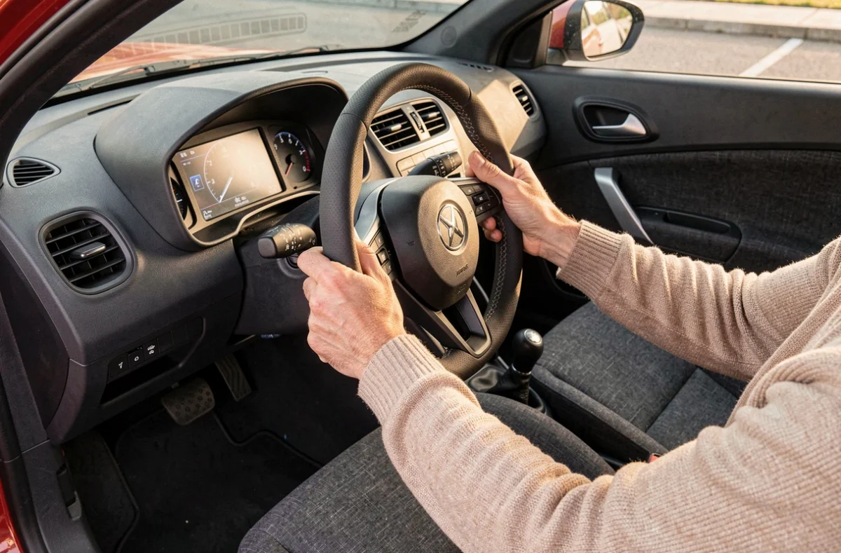Intérieur d'une voiture sans permis moderne avec tableau de bord compact et sièges en tissu gris
