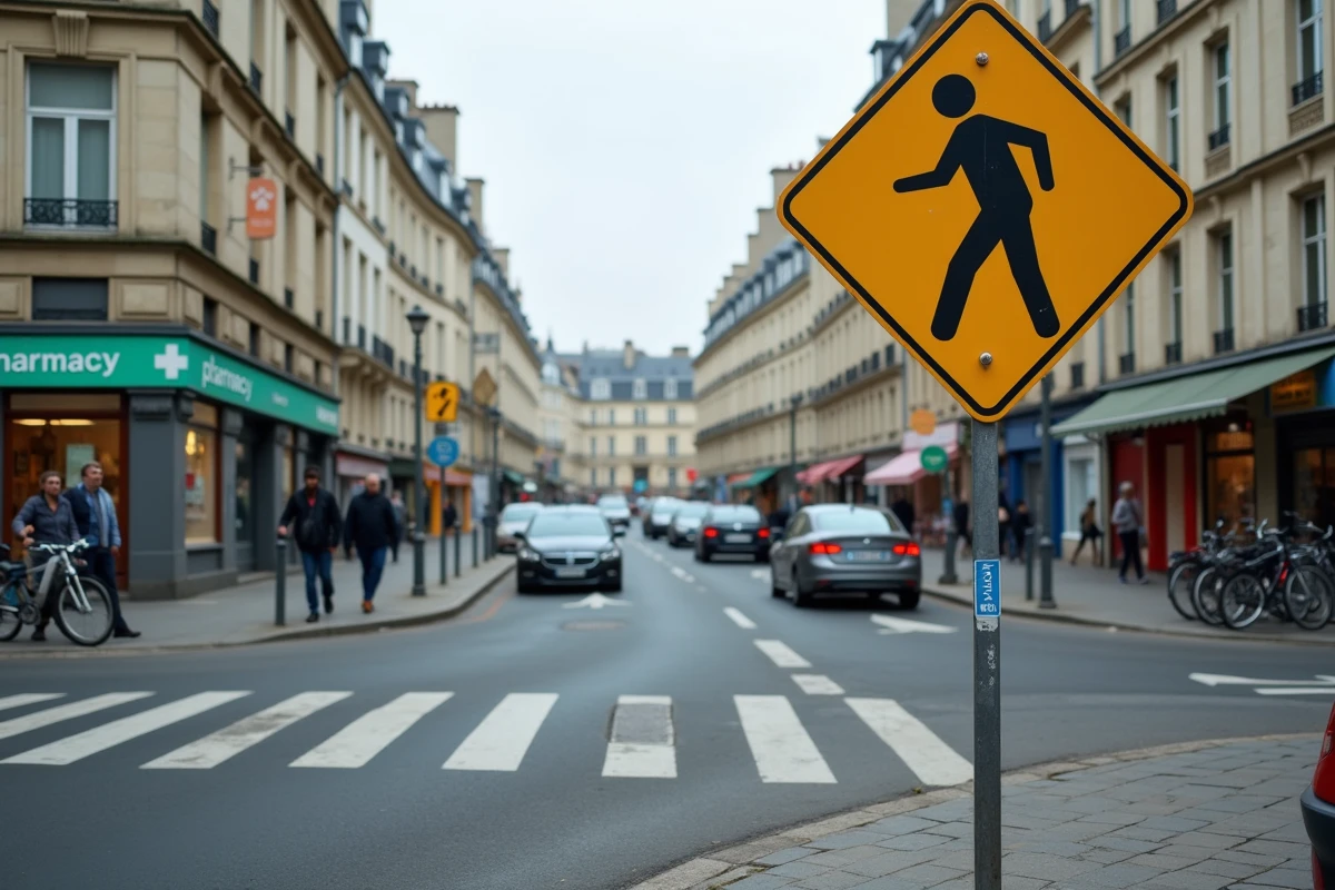 Intersection urbaine française avec panneau losange jaune visible sur la voie et circulation en cours