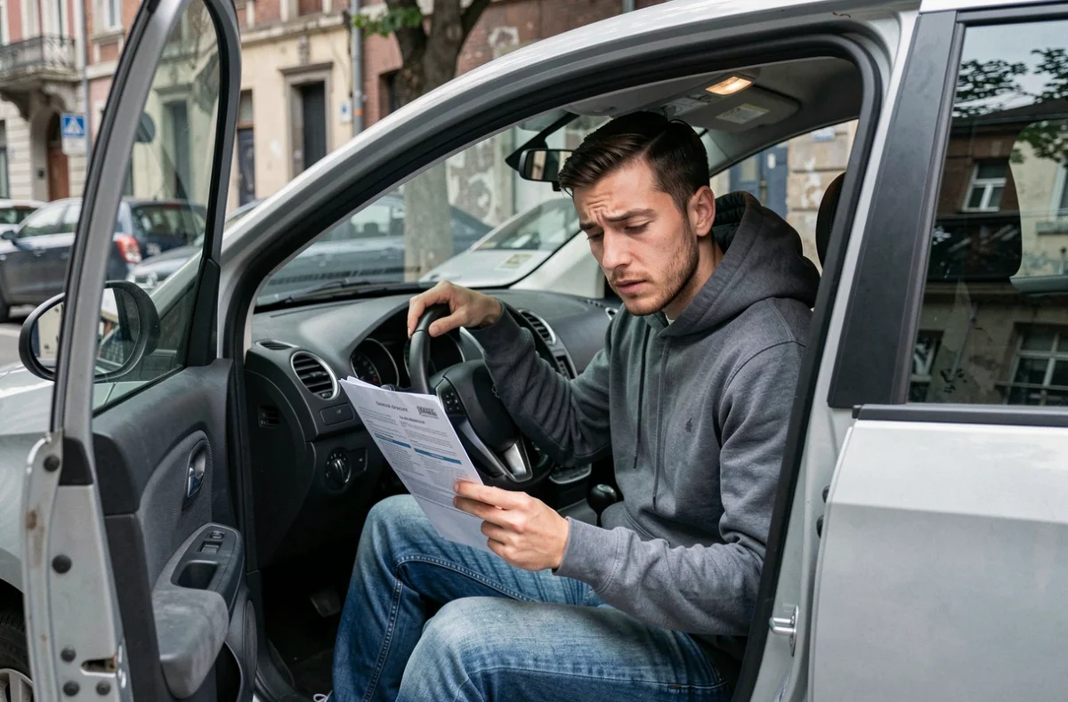 Jeune conducteur lisant son contrat d'assurance voiture assis dans son véhicule en ville