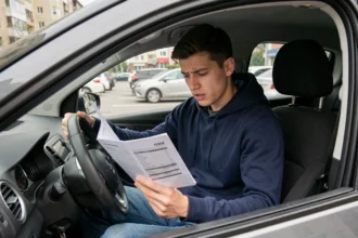 Jeune conducteur malussé consultant son contrat d'assurance auto dans sa voiture en ville