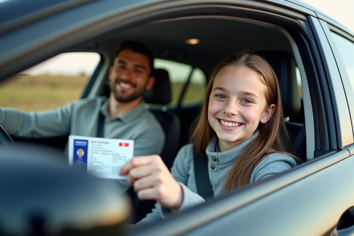 Jeune souriant tenant son permis de conduire dans une voiture