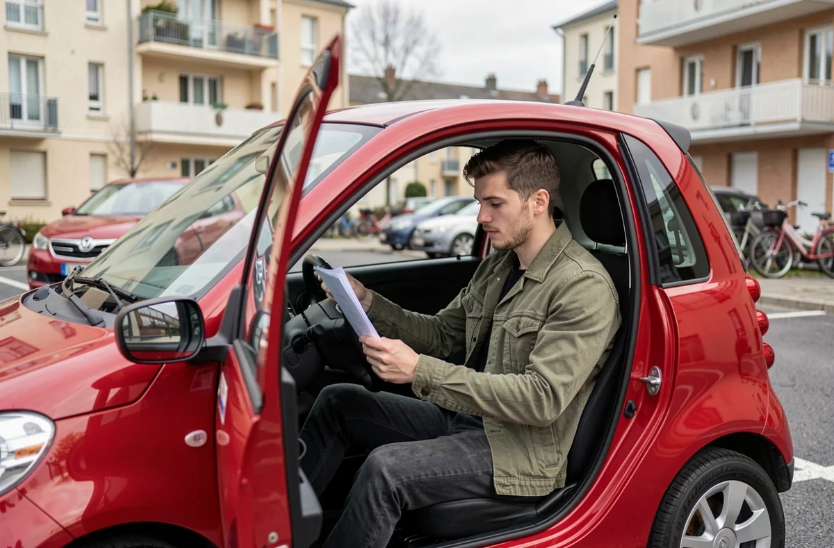 Jeune homme consultant des documents d'achat assis dans une petite voiture sans permis rouge dans un parking résidentiel