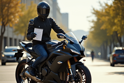 Jeune homme confiant avec équipement moto tenant sa licence