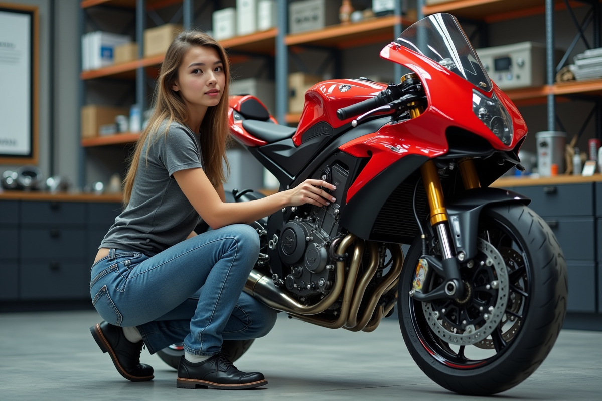 Jeune ingénieure inspectant un moteur de superbike