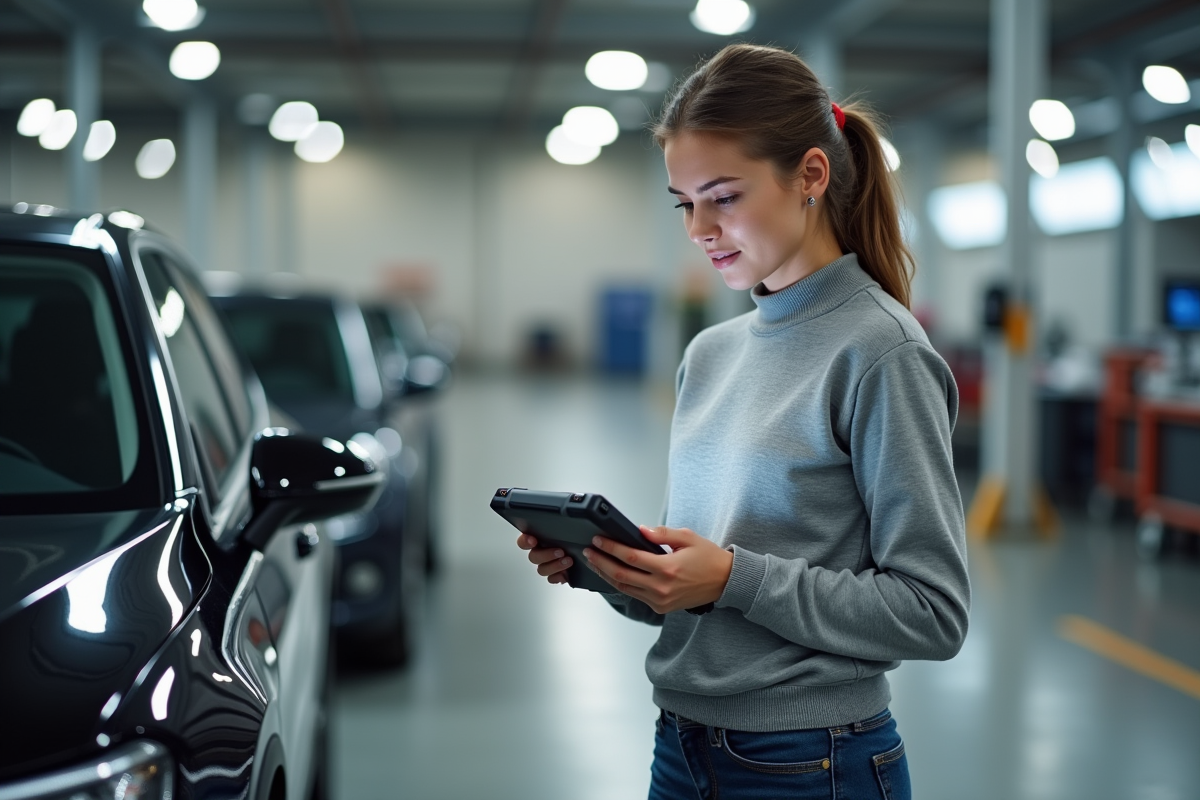 Jeune ingénieure automobile vérifiant un véhicule en extérieur