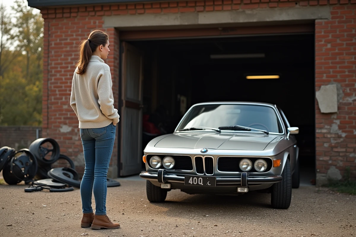 Jeune femme observant une BMW CSL devant un garage en briques