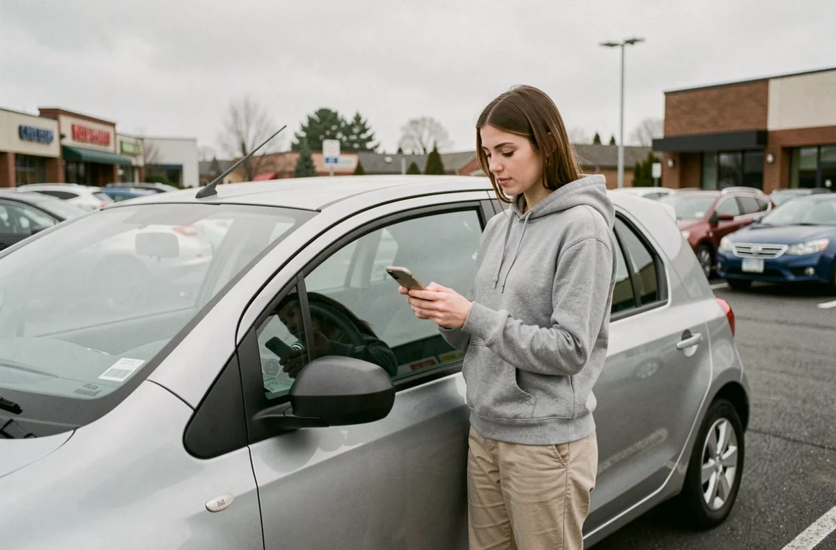 Jeune femme comparant des offres d'assurance auto sur smartphone devant sa voiture