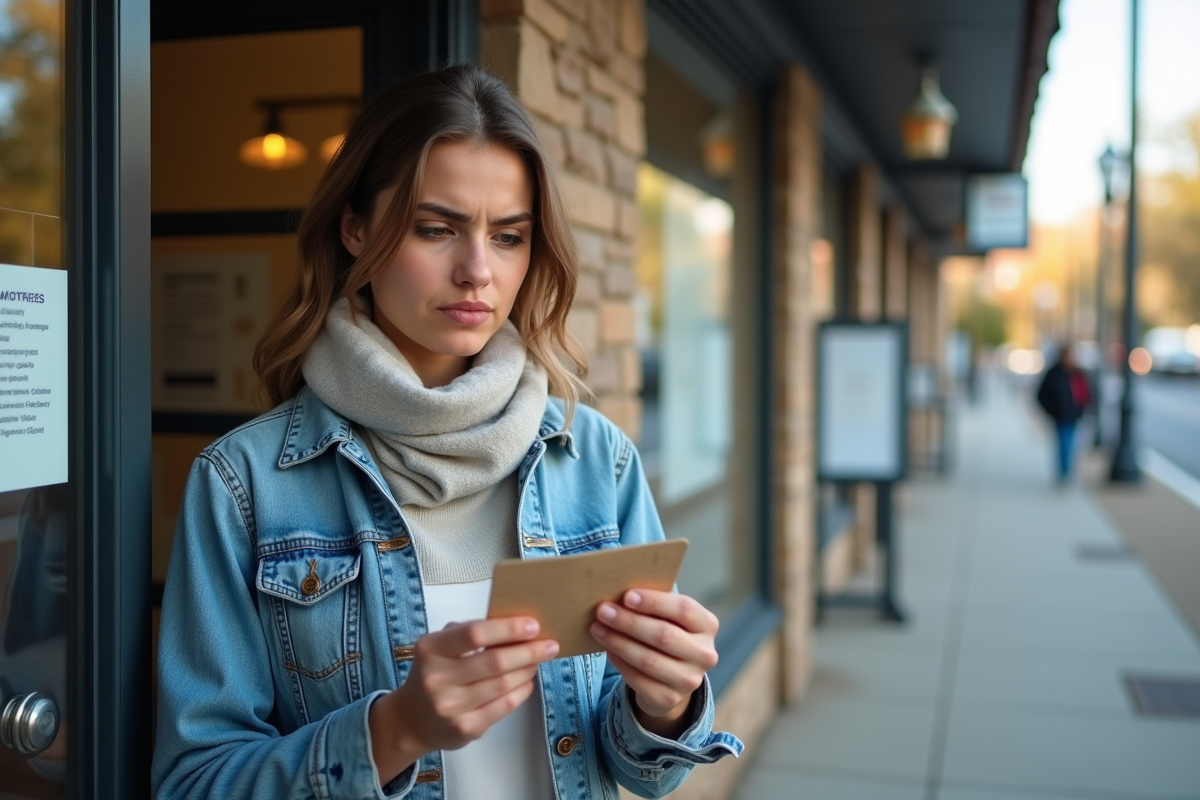 Jeune femme compare deux permis devant la poste en extérieur