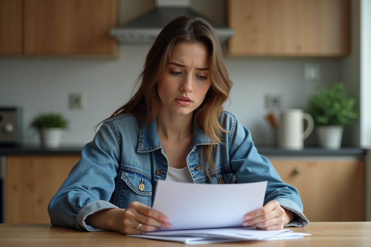 Jeune femme en denim attend mail dans cuisine chaleureuse