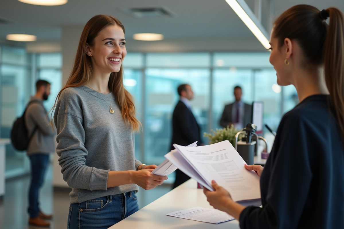 Jeune femme remettant des documents d