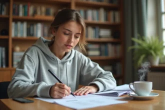 Jeune femme étudiant les questions du permis de conduire 2026 sur des fiches imprimées à son bureau