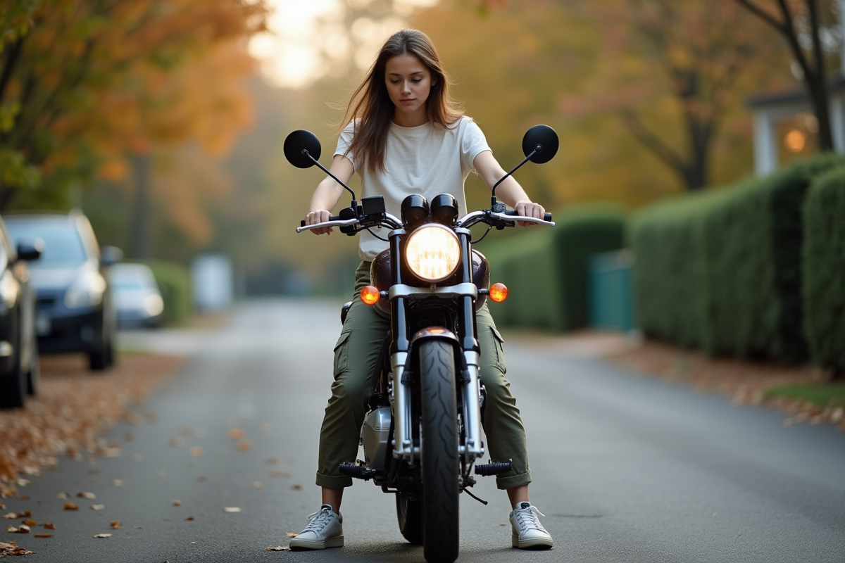 Jeune femme en extérieur démarrant sa moto dans une rue calme