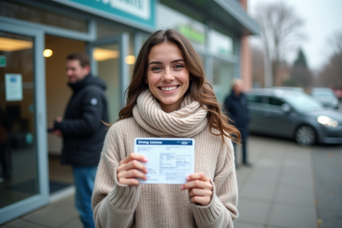 Jeune femme souriante avec permis de conduire dehors
