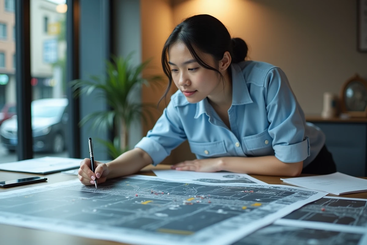 Jeune policière analysant un document de radar sur la table