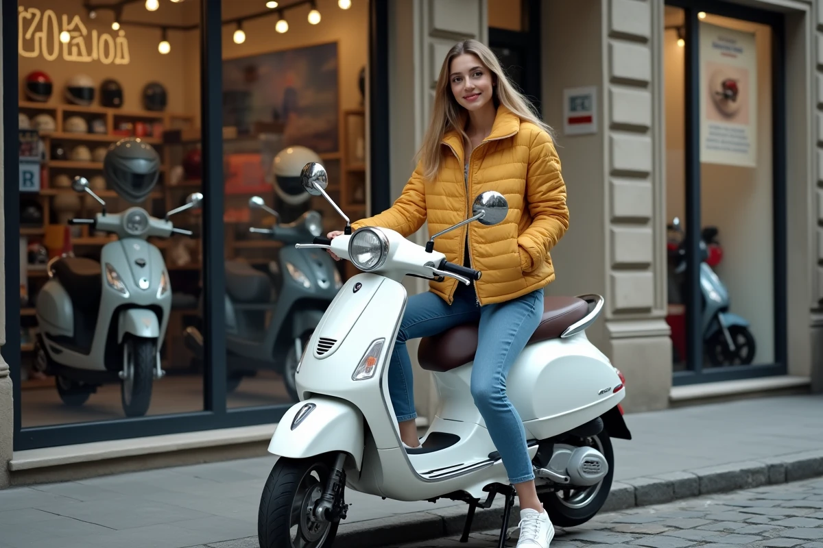 Jeune femme assise sur un scooter 50cc blanc devant un concessionnaire, tenant un contrat de financement étudiant