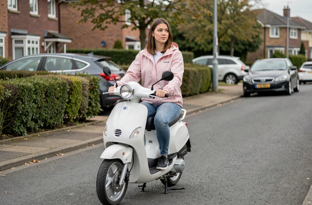 Jeune femme assise sur un scooter 50cc dans une rue résidentielle, pour illustrer le coût de l'assurance scooter