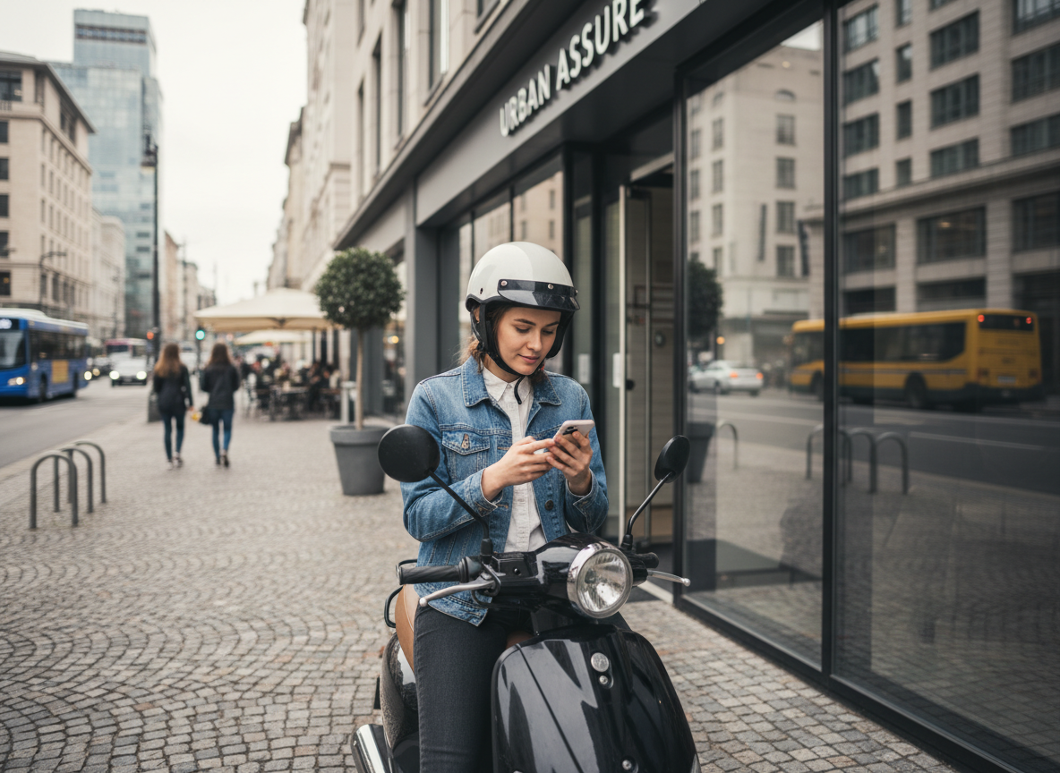 Jeune femme avec scooter et smartphone devant une agence d