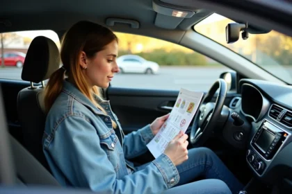 Jeune femme en voiture examinant un PDF de test de conduite