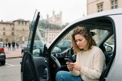 Jeune femme en voiture à Lyon avec smartphone