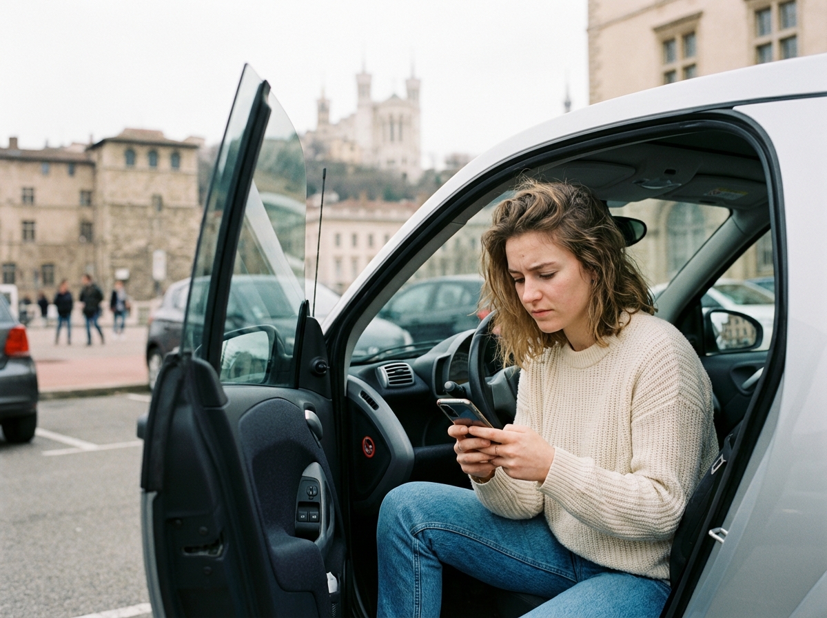 Jeune femme en voiture à Lyon avec smartphone