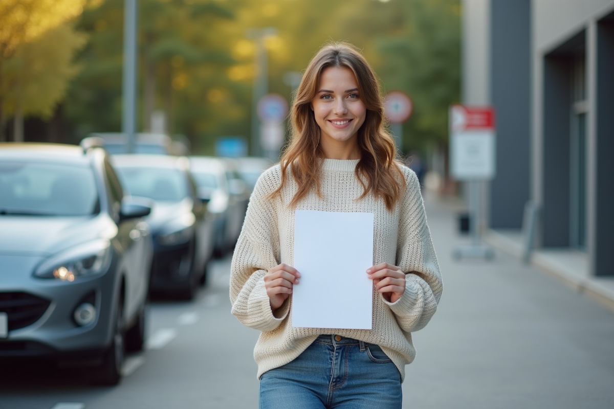 Jeune femme souriante tenant un document Plaque G devant sa voiture en ville