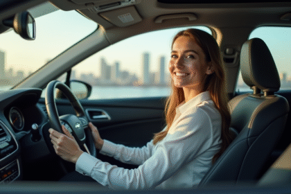 Jeune femme souriante au volant d'une voiture moderne en ville