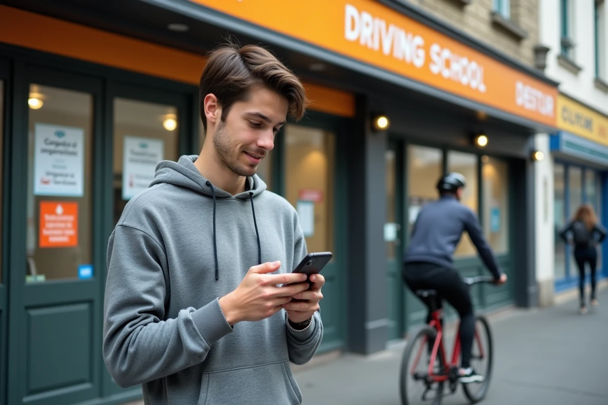 Jeune homme consulte un test de code de la route devant une école