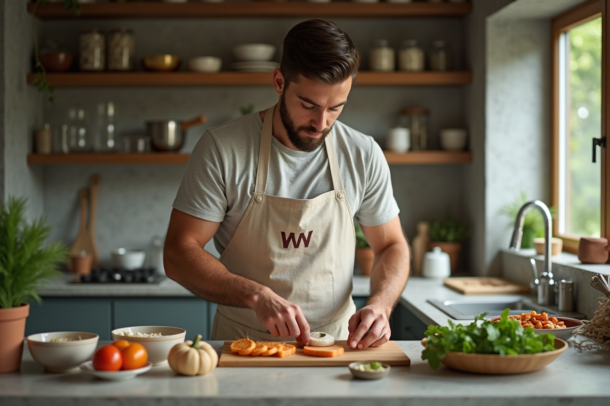 Jeune homme préparant des ingrédients sur une plaque WW en cuisine