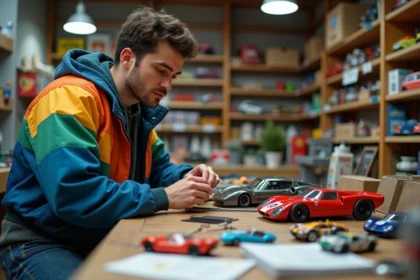 Jeune homme examine des voitures Mikado dans un atelier