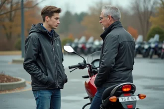 Jeune homme discutant avec vendeur devant Yamaha 125 TZR