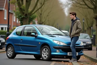 Jeune homme réfléchissant à côté d'une Peugeot 206 dans la rue