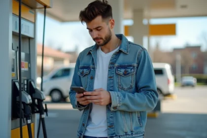 Jeune homme avec smartphone à la station essence