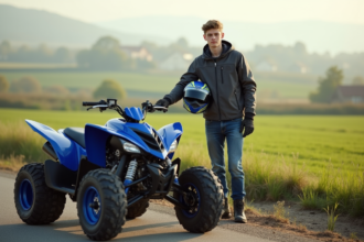 Jeune homme avec casque et veste de protection près d'un quad Yamaha Raptor