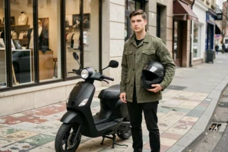 Jeune homme avec un scooter 50cc en ville, casque sous le bras, illustrant l'assurance scooter 50