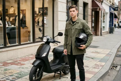 Jeune homme avec un scooter 50cc en ville, casque sous le bras, illustrant l'assurance scooter 50