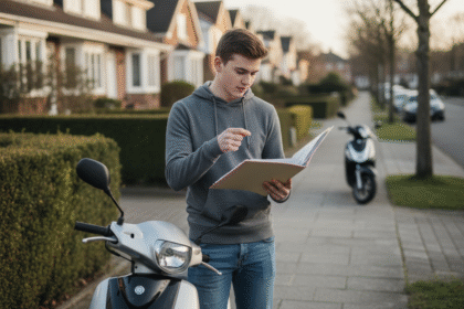 Jeune garçon avec scooter et dossier dans un quartier résidentiel