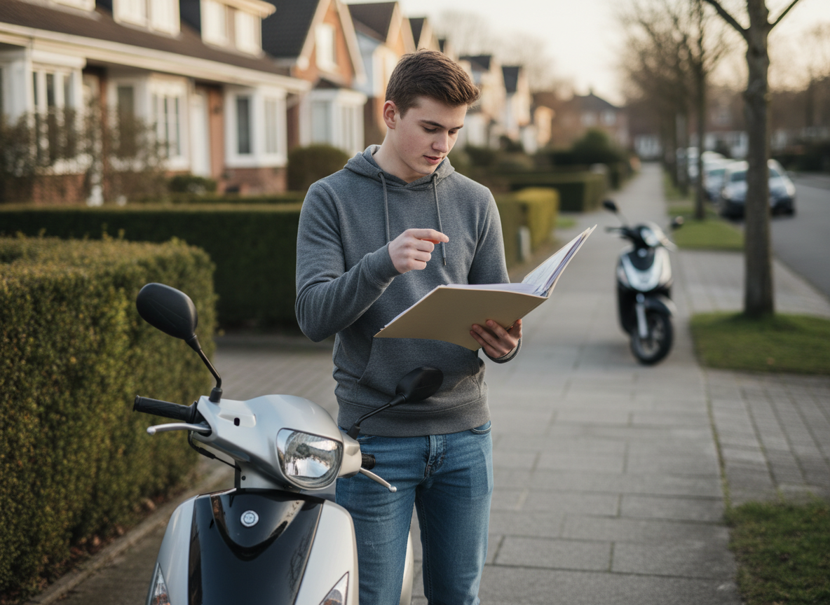 Jeune garçon avec scooter et dossier dans un quartier résidentiel