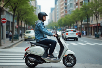 Jeune homme en scooter urbain en ville dynamique