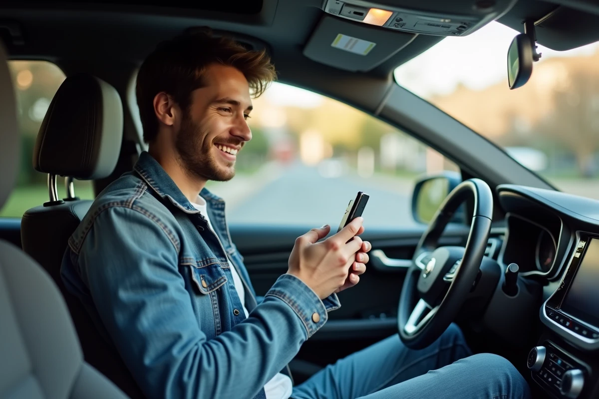 Jeune homme dans une voiture en streaming musique avec sourire