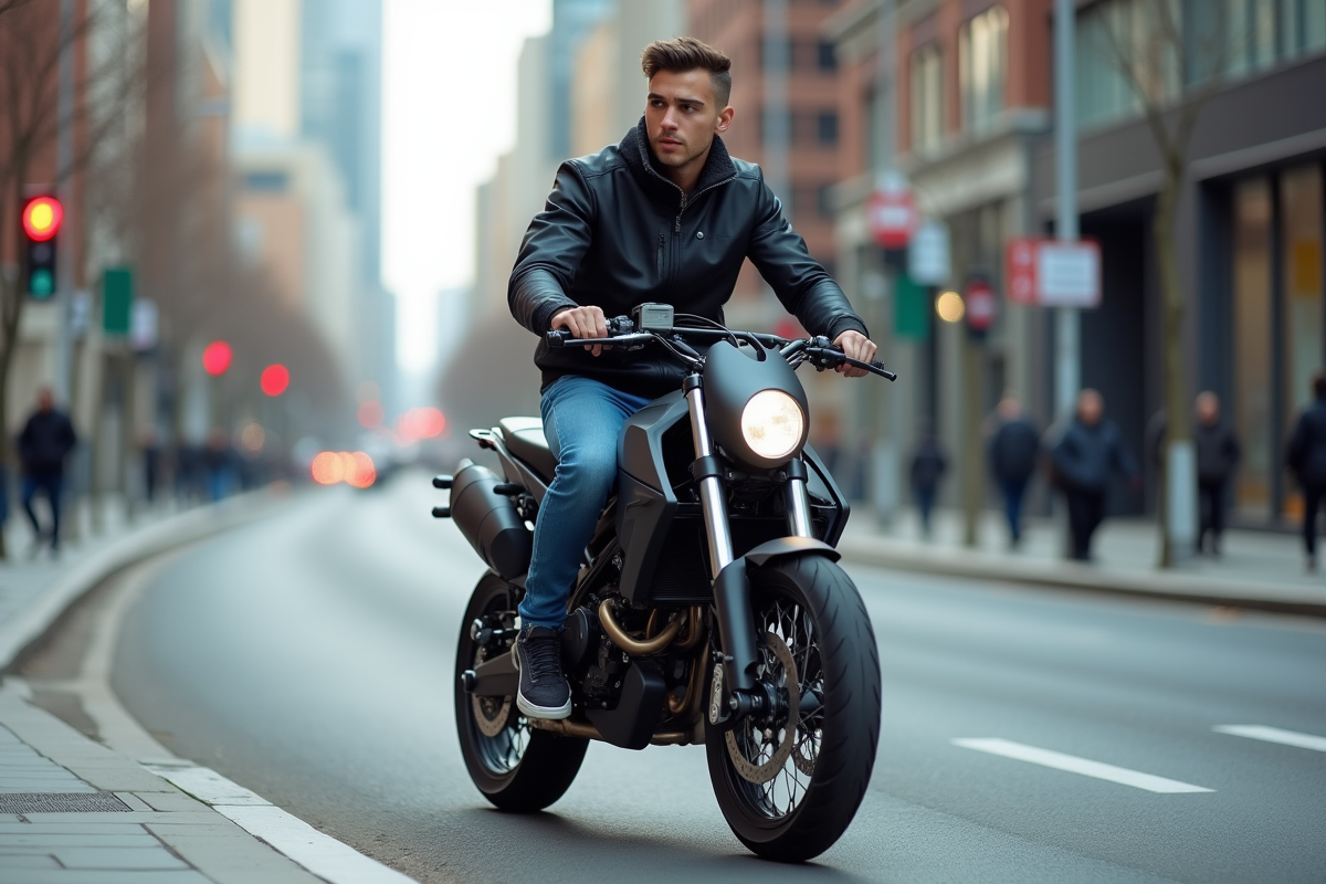 Jeune homme en ville sur une supermoto moderne
