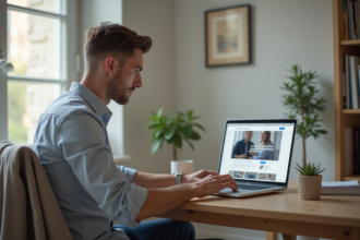 Jeune homme lisant un site officiel français sur son ordinateur