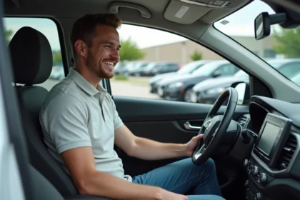 Jeune homme souriant dans une voiture compacte neuve