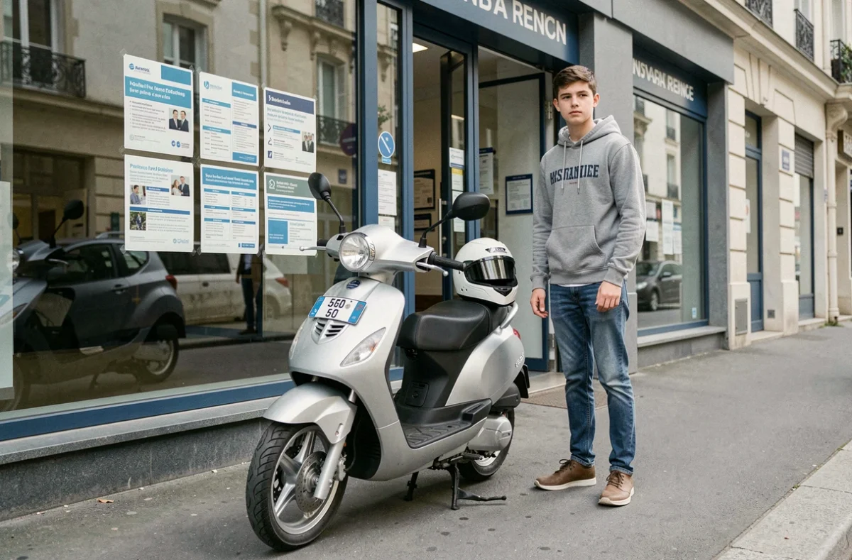Jeune conducteur mineur avec son scooter 50cc devant une agence d'assurance en France
