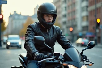 Jeune homme en moto sportive dans la ville