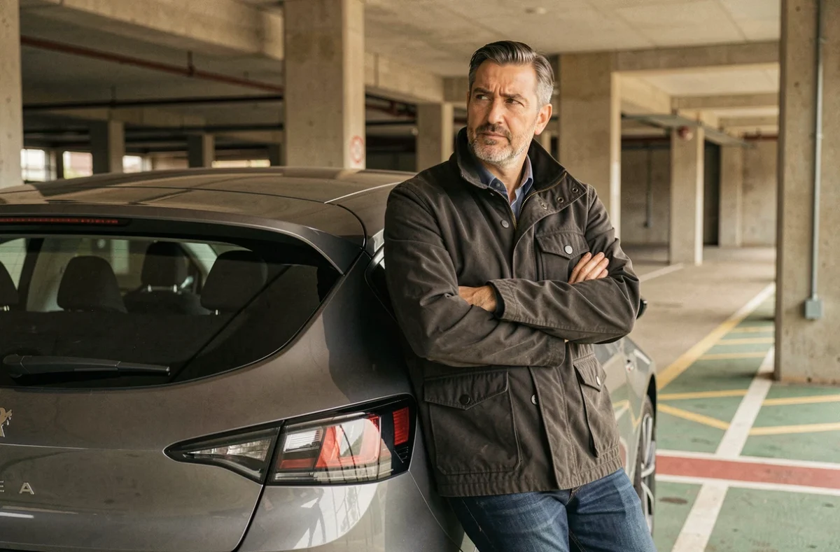 Journaliste automobile appuyé contre une hatchback électrique sportive dans un parking, réflexion sur le choix entre modernité électrique et nostalgie GTI